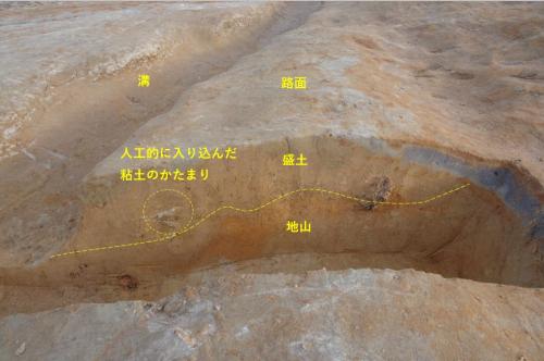 半田浜遺跡　半田浜遺跡の道　盛土の解説付き写真