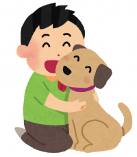 犬を抱きしめる男の子の絵